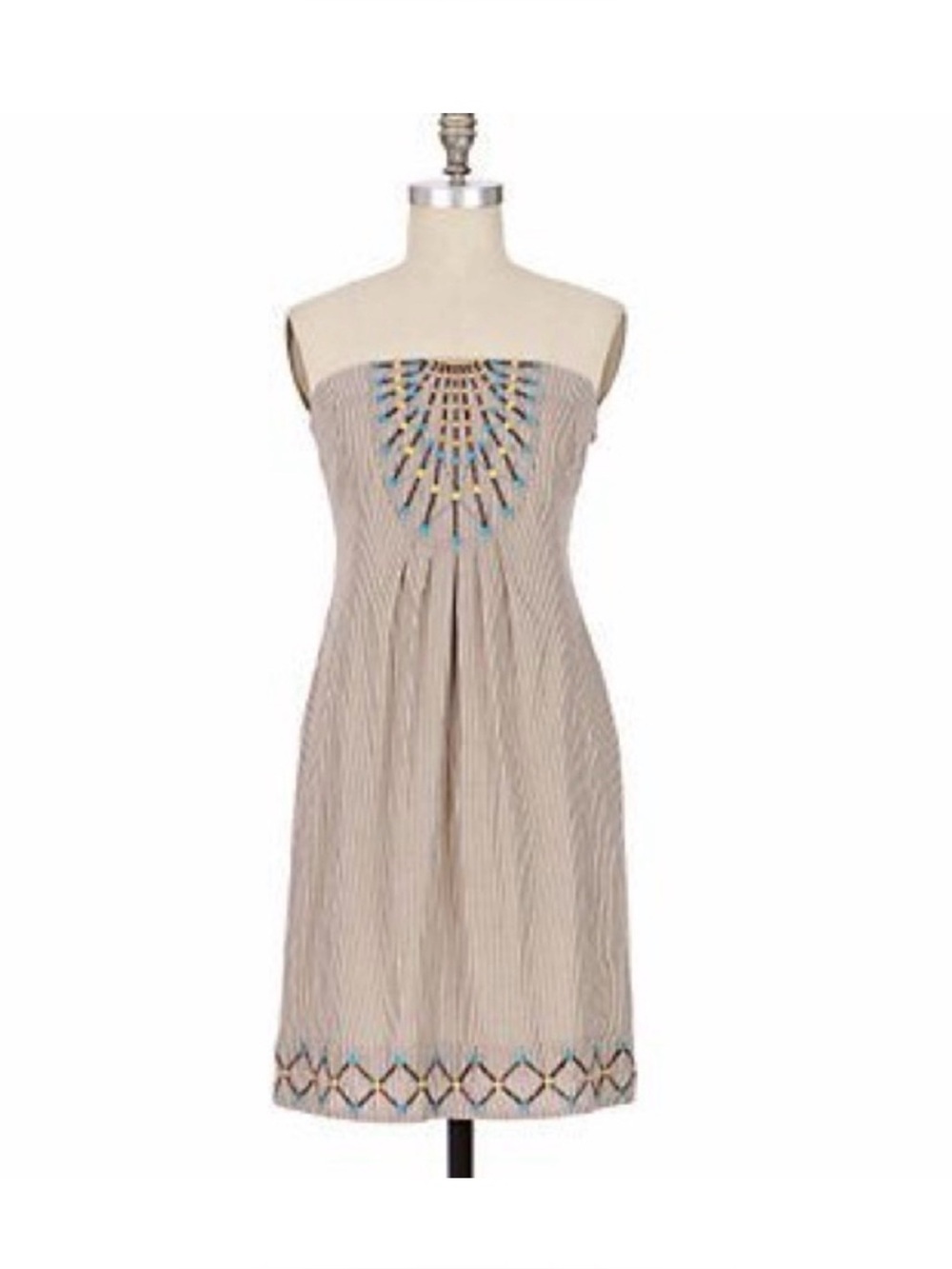 Anthropologie Maeve Strapless Tan and Cream Embroidered Pattern Dress